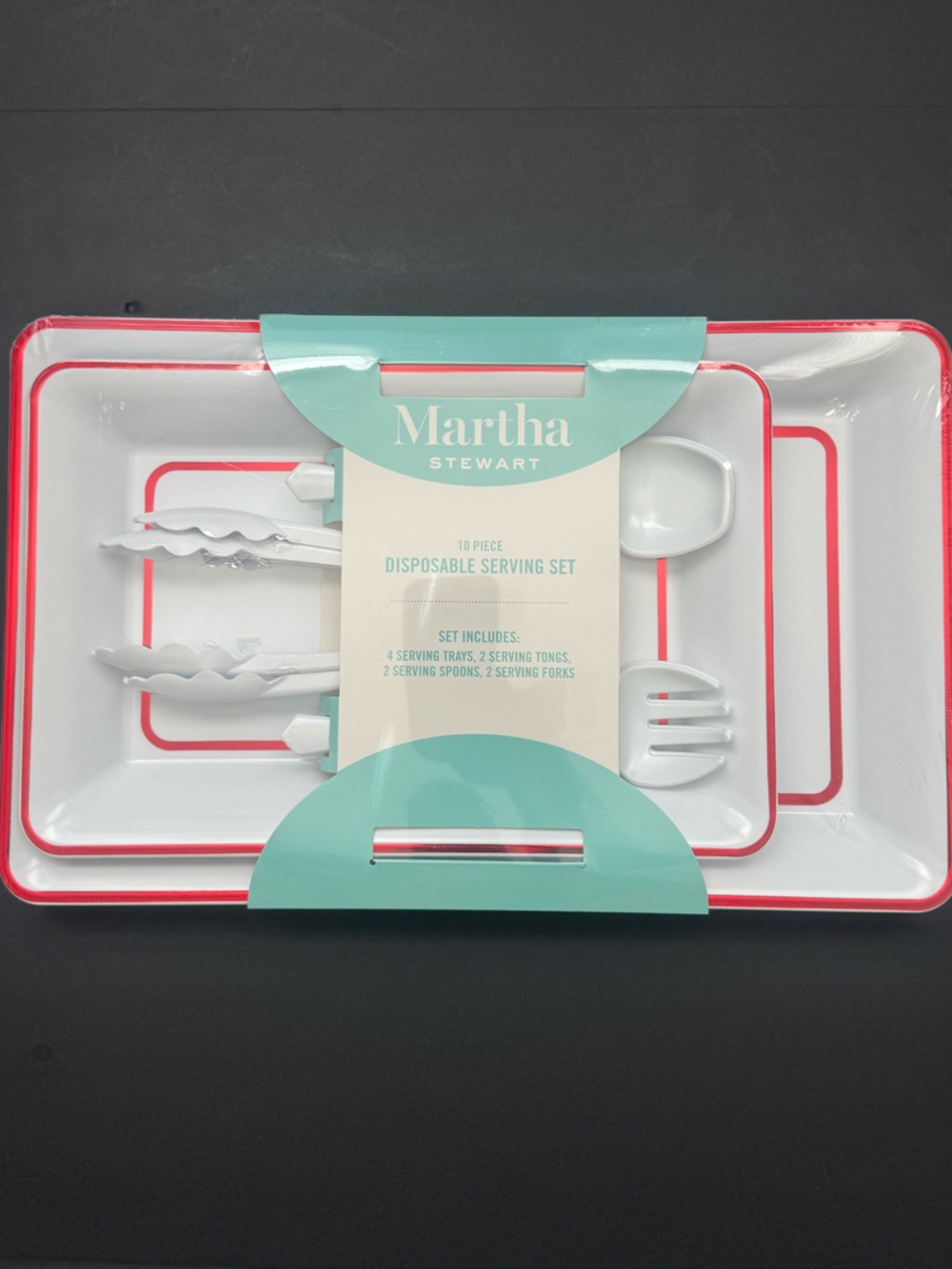 10pc MARTHA STEWART Disposable White Serving Set with Red Accent